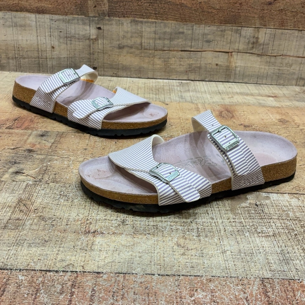 Birki's Sandals Womens Size 7 N 38 White Stripe Slide Cork Buckle Comfort Shoes